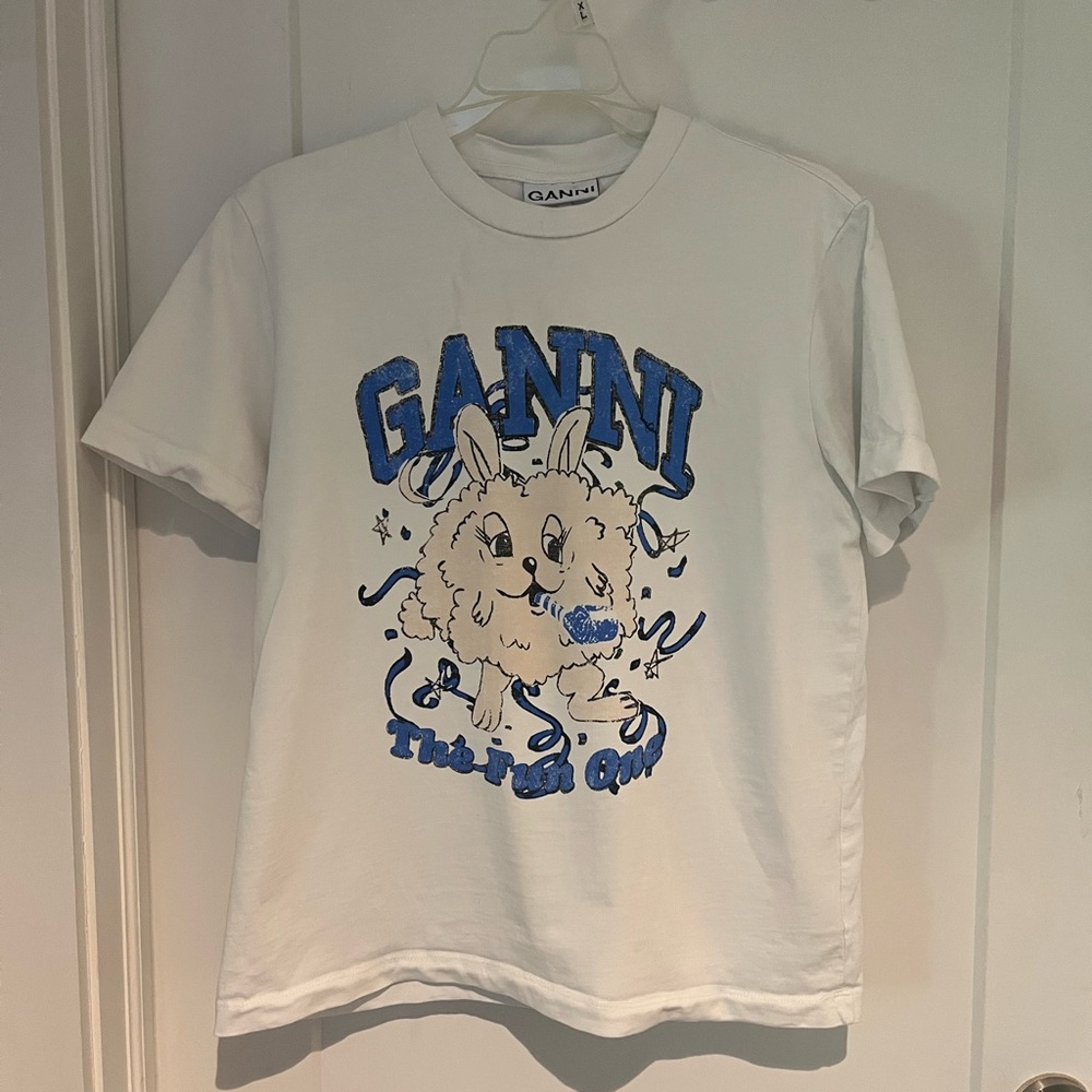 Ganni White Tee with Blue Lamb Graphic